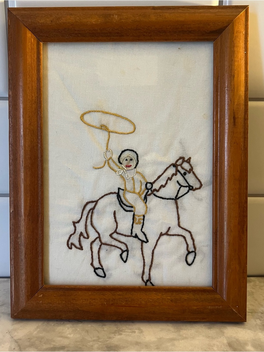 Vintage Framed Cowboy Embroidery Art | Hand Stitched Western
